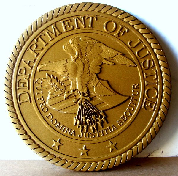 U30192 - Gold Painted 3-D Carved HDU Wall Plaque for Department of Justice Great Seal 