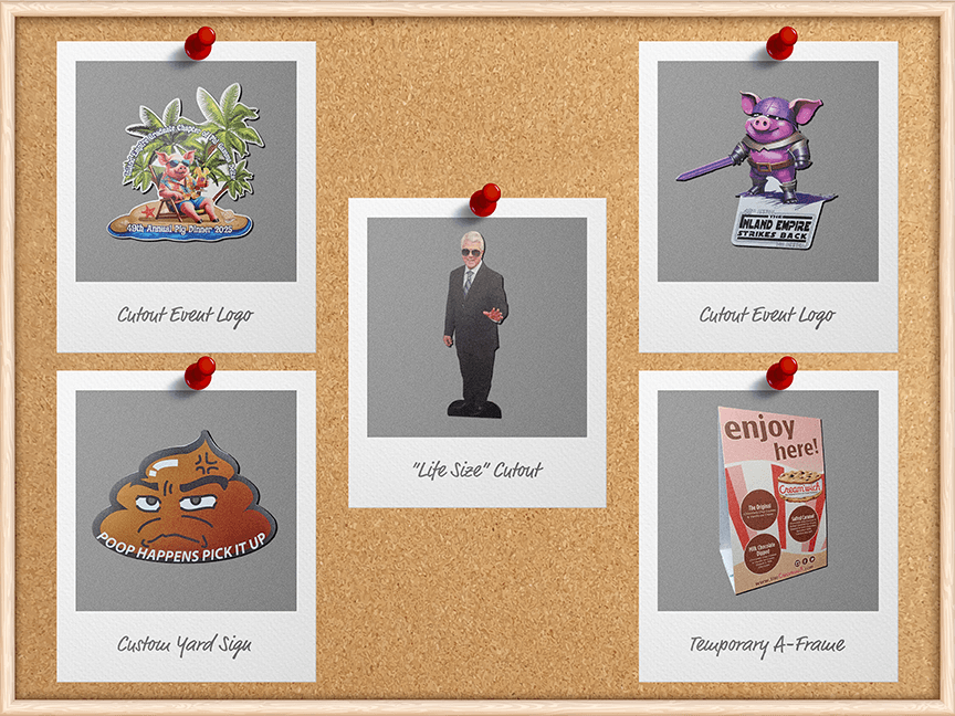 Image of a cork bulletin board with photos of custom coroplast signs