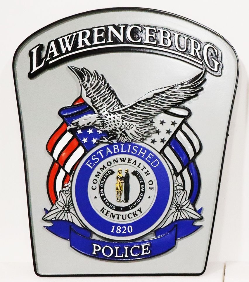 PP-2497 - Carved Plaque of the Shoulder Patch of the Police Department of the City of Lawrenceburg, Kentucky
