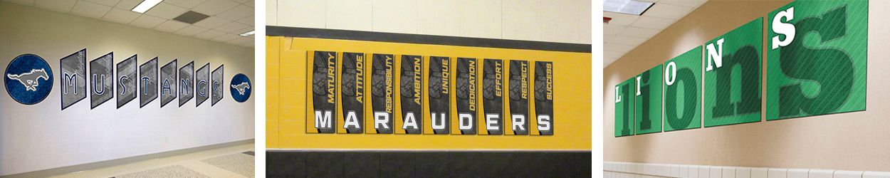 3 sets custom signs in school hallway with school colors and mascots, school signs with character words