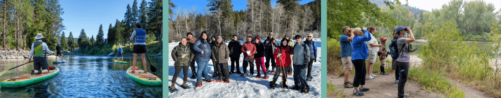 A compilation banner of images from Outdoor Experiences, including snowshoeing, paddling on the river, and birding walks.
