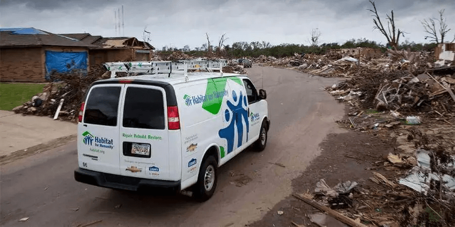 Habitat for Humanity disaster response van helping communities recover and rebuild, supporting families in Pasco County and across Florida.