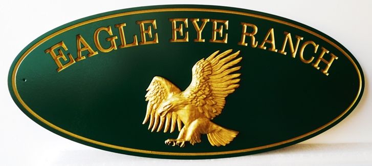 O24625 -  3-D Sign for Eagle Hill Ranch with Carved  Flying Eagle as Artwork, Gilded with 24K Gold Leaf
