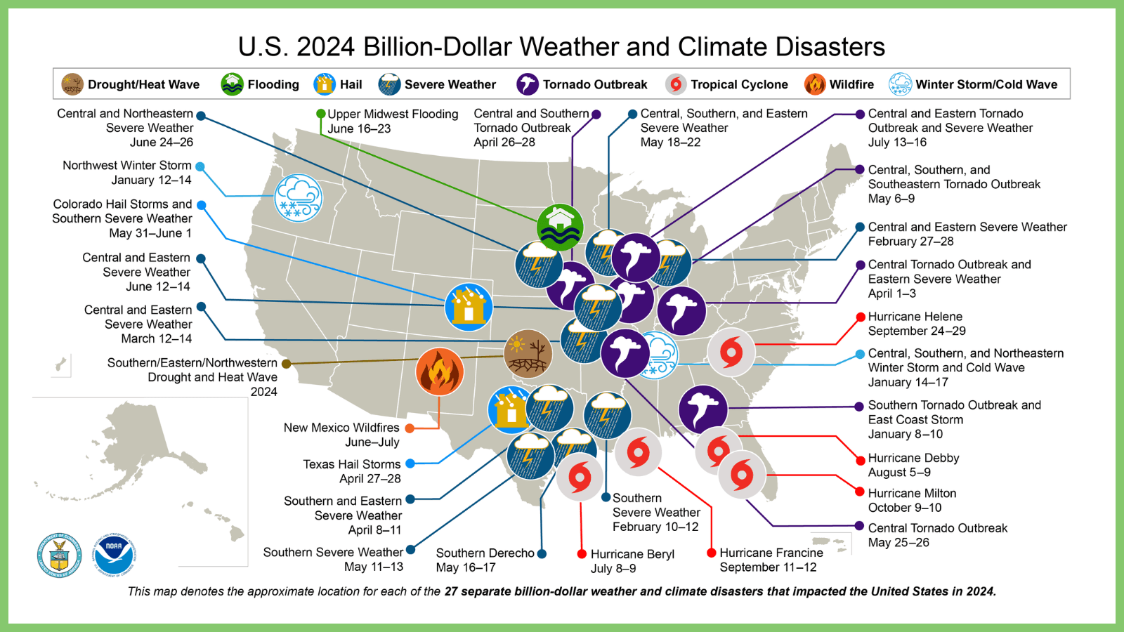 Diagram of the billion-dollar weather disasters recorded in the U.S. in 2024