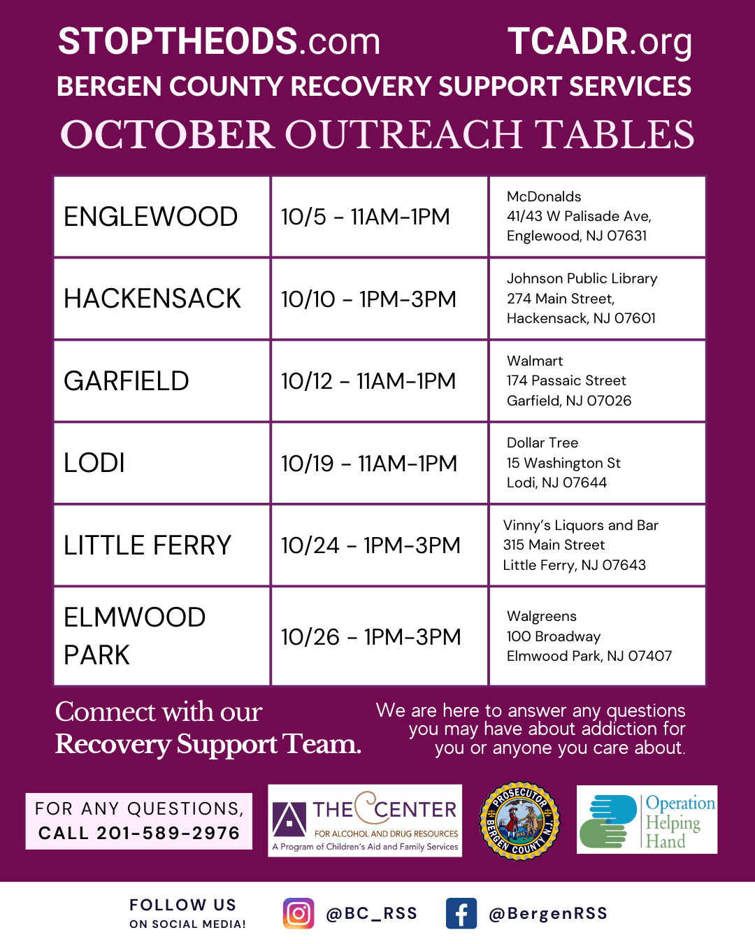 Hackensack Community Outreach Table Calendar Events TCADR