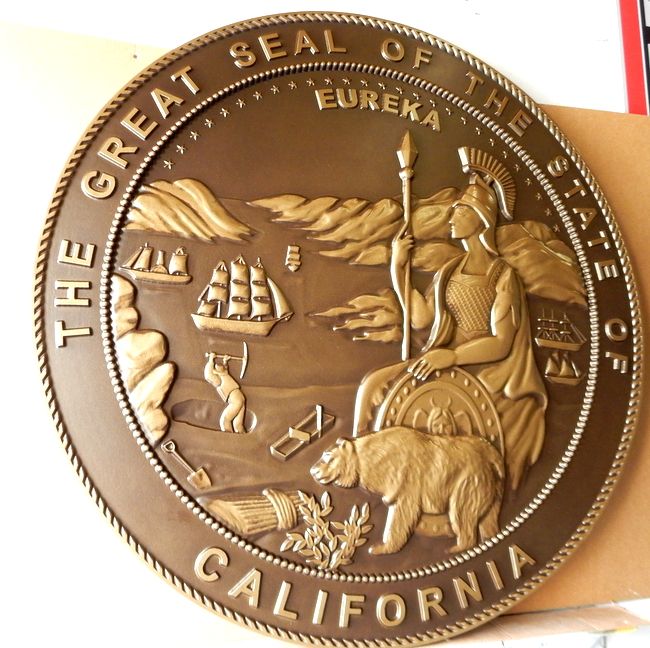 W32032 - Large Round Wall Plaque of the  Seal of the State of California, Bronze-coated Bas Relief