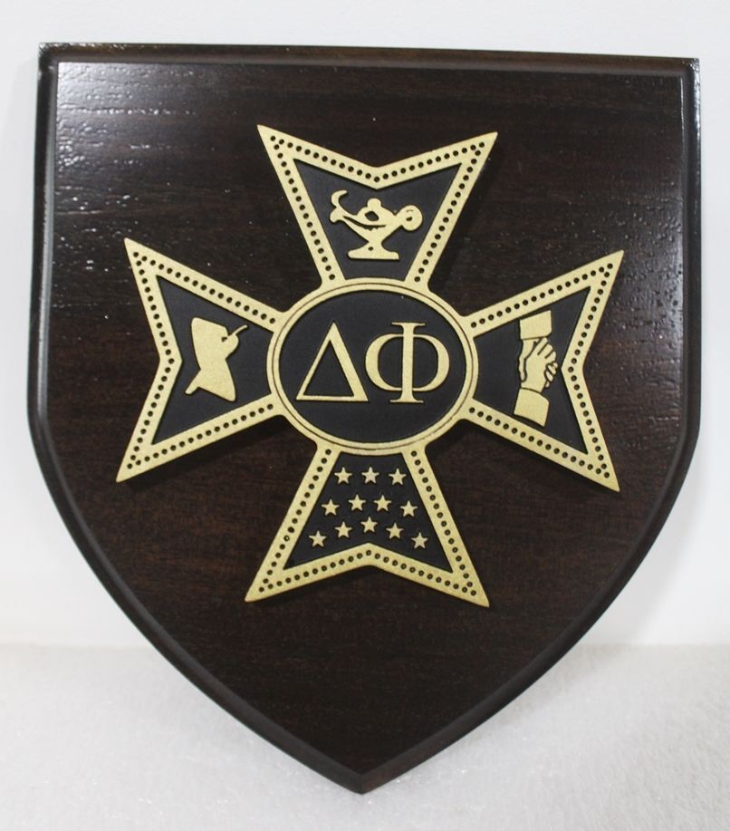 SP-1655 - Carved Mahogany Plaque  of Maltese Cross Emblem for Delta Phi Fraternity