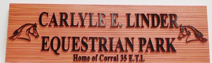 P25333 - Carved and Sandblasted HDU Sign for the Carlyle Linder Equestrian Park, 2.5-D with Horse Heads as Artwork 