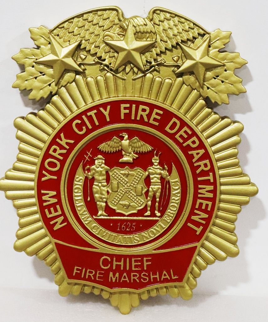 QP-1041 - Carved Wall Plaque of the  Badge  of the Chief Fire Marshal of the New York City Fire Department, Brass Plated, Dark Red Enamel Painted (Version 2)