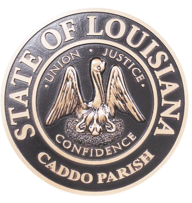 CP-1075 - Carved 3-D Bas-Relief Bronze-Plated HDU Plaque of the Seal of Caddo Parish in the State of Louisiana