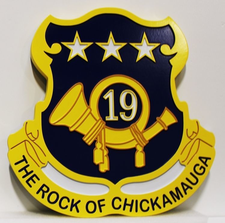 MP-2084 - Carved HDU Wall Plaque of the Crest of the 19th Infantry Regiment (Assigned to TRADOC),  "The Rock of Chickamauga" 
