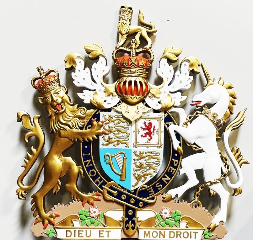 XP-1000 - Carved 3-D Wall Plaque of the Royal British Coat-of-Arms with  the Royal Motto  "Dieu et Mon Droit" (God and My Right) 