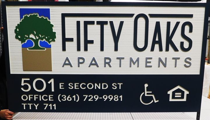 K20345 - Carved HDU Entrance Sign for ,the "Fifty Oaks" Apartments,   with Wood Grain Sandblasted Background