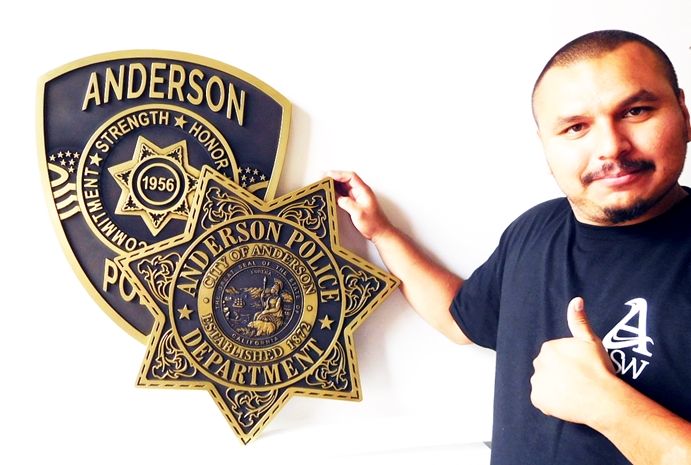 PP-1910 - Carved Plaque of the Star Badge and Shoulder Patch of the Police Department, City of Anderson, California