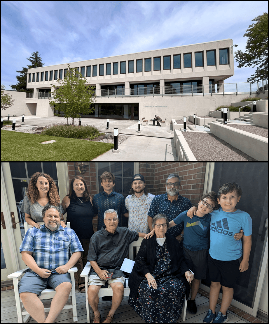 The image shows two pictures stacked vertically. The top photo is of an open plaza beside a concrete building. The bottom photos shows a group of smiling people posing.