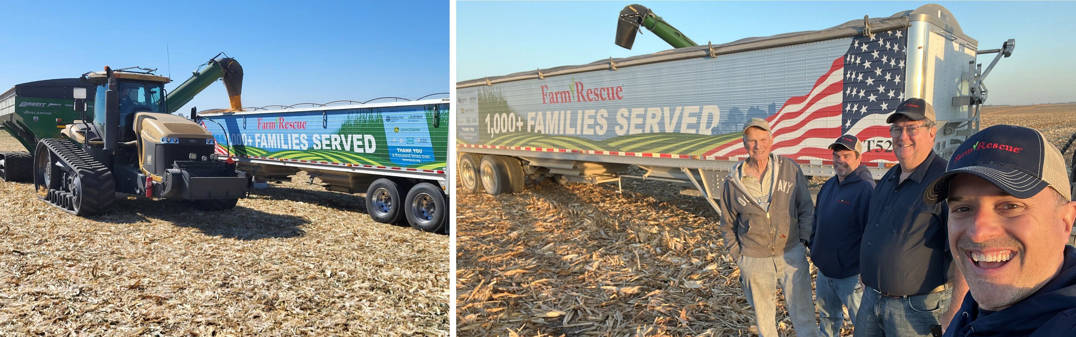 A tractor hitched to a grain cart empties into a semi and grain trailer. A group of men stand in front of a Farm Rescue grain trailer.