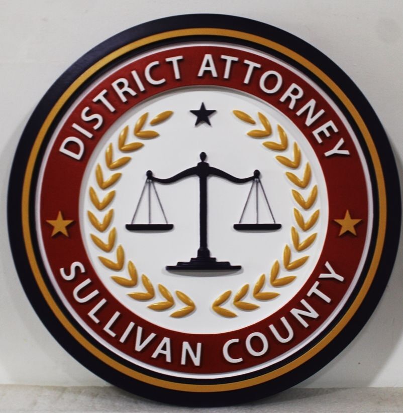 HP-1524 - Carved 2.5-D Multi-level Artist-Painted Plaque of the Seal of the District Attorney in Sullivan County, New York