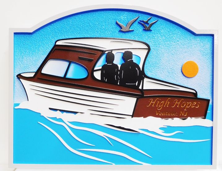L21464 - Carved and Sandblasted  HDU Coastal Residence Sign "High Hopes" , 2.5-D Artist-Painted, with Power Cruising Boat as Artwork