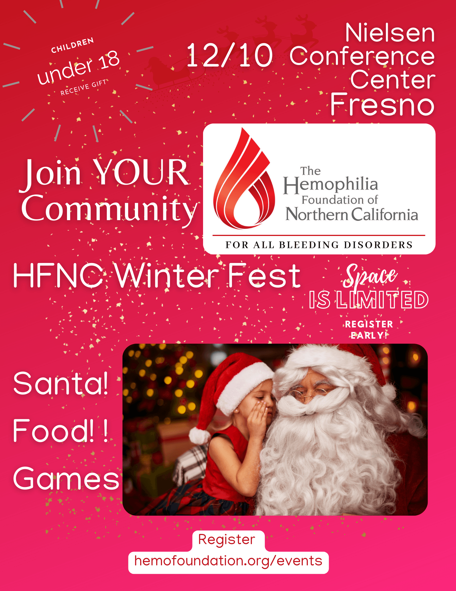 Child whispers in Santa's ear; text describes event details and registration information and shows HFNC logo