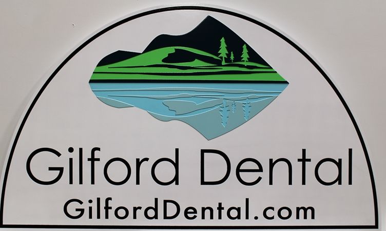 BA11629 - Carved HDU Entrance Sign for Gilford Dental , 2.5-D, Arist-Painted with Mountain, Trees and Lake as Artwork 