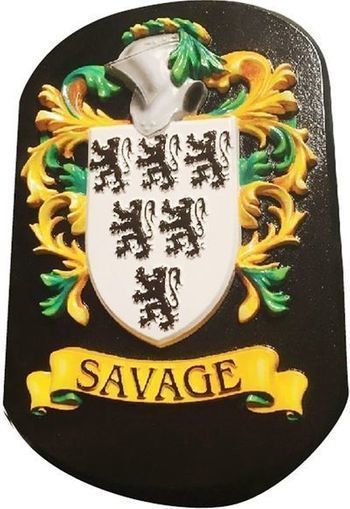 XP-1006 - Carved Wall Plaque with Coat-of-Arms with Helmet, Shield, Rampant Lions, Flourishes, and Banner, for Savage Family