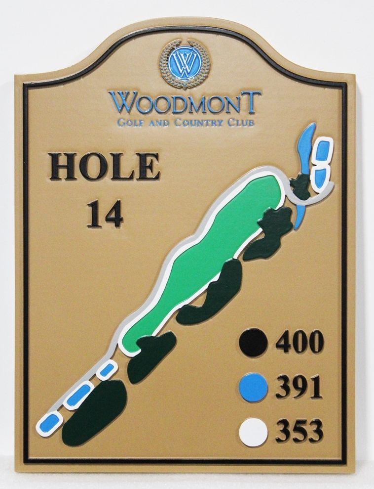 E14385 - Carved   2.5-D Multi-level Raised Relief  HDU Tee Sign for Hole 14 of the Woodmont Golf & Country Club 