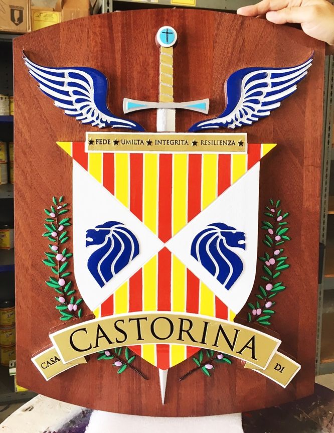 XP-2010 - Plaque of Castorina Coat-of-Arms with Sword, Shield, Wings and Wreath, 2.5-D Mahogany Artist Painted