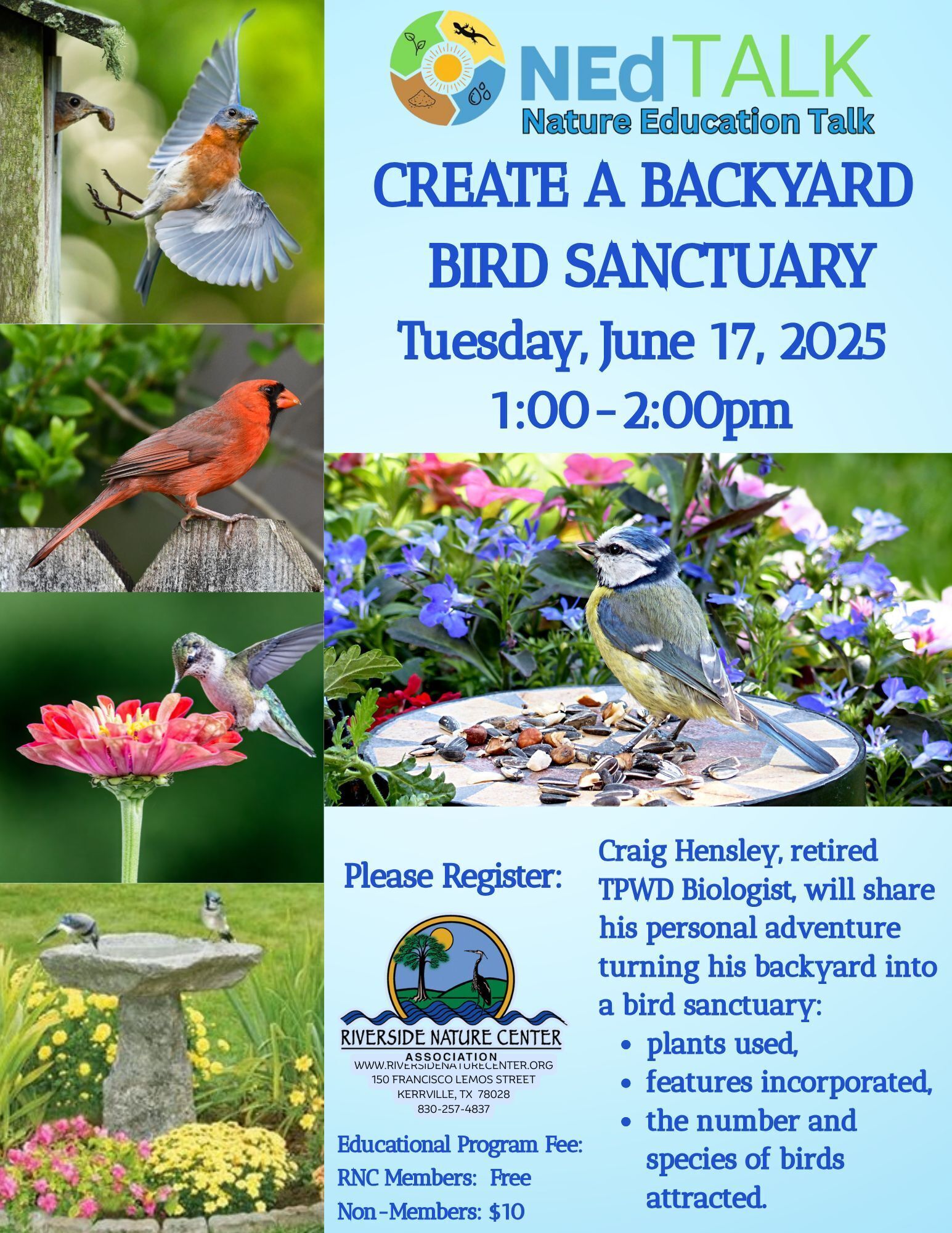  Kerrville Texas, Riverside Nature Center, Backyard Birds, TPWD Biologists, Biology, Craig Hensley, NEd Talk, sanctuary