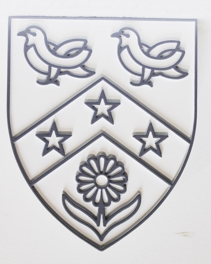 XP-3430 - Carved Plaque of a Coat-of Arms with Two Birds, Three Stars and Daisy Flower as Artwork