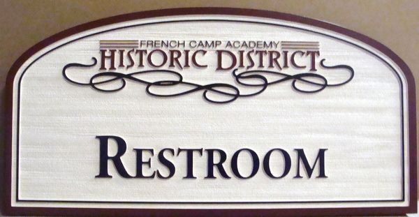 GA16636- Decorative, Wood Look, Carved HDU Sign for "RESTROOM" for the French Camp Academy Historical District