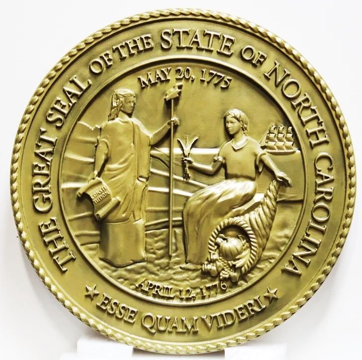 BP-1404 - Carved 3-D Brass-Plated HDU Plaque of the Great Seal of the State of North Carolina 