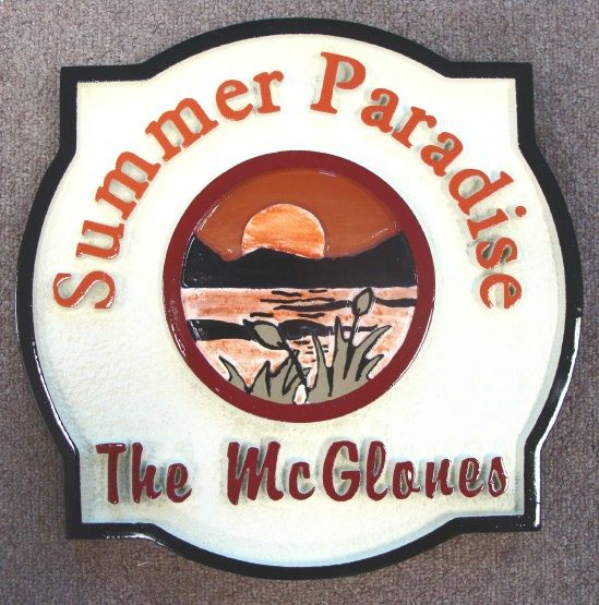 M22316 - Carved HDU Sign for Summer Home "Summer Paradise" with Lake, Mountains and Sun
