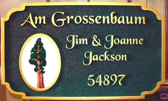 M22072 -Carved and Sandblasted HDU Address Sign "Am Grossenbaum", with California Giant Sequoia Tree