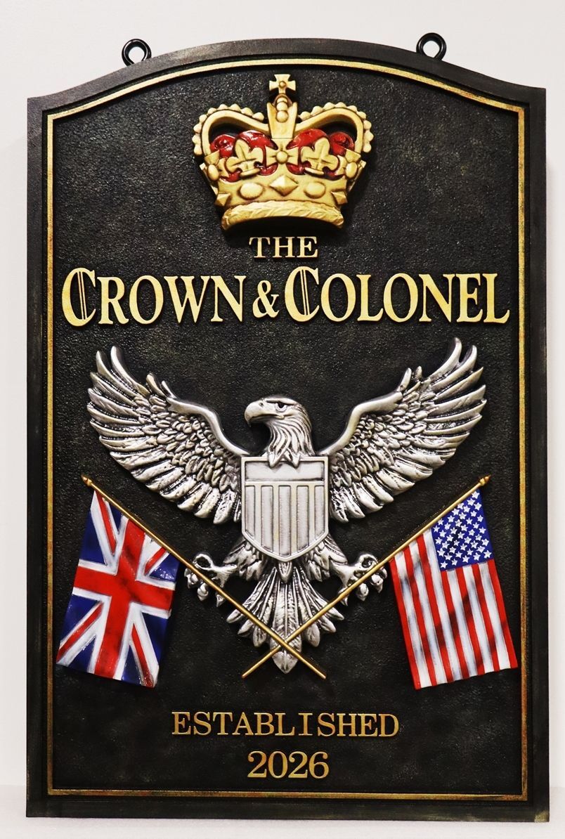 EP-1550 - Carved Wall Plaque for a British & American Club "The Crown & the Colonel"