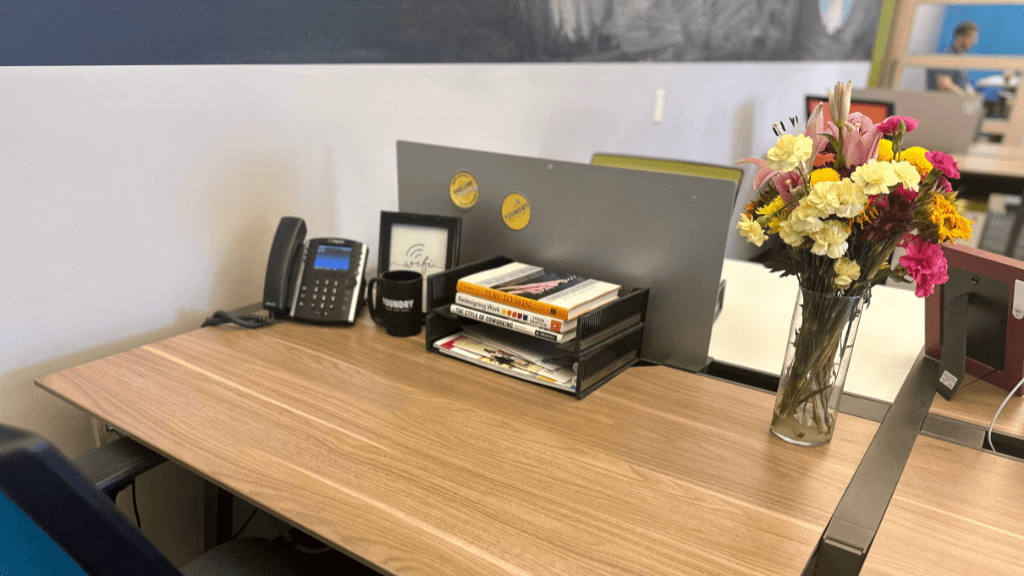 This is an image of a desk at the Foundry. This desk is part of our Day Pass program. 