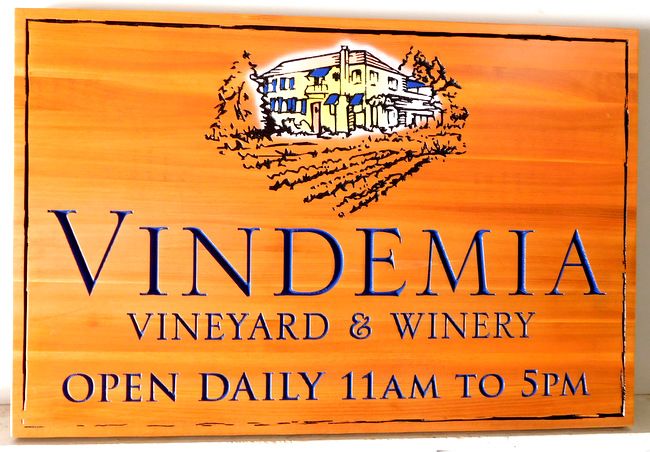 R27024 -  Engraved Western Red Cedar Sign for the Vindemia Vineyard and Winery, with House and Vineyard as Artwork