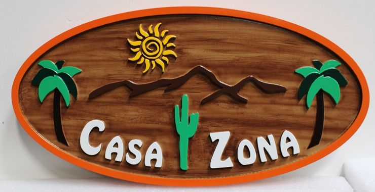 M22961 - Carved  HDU Address Sign for a Desert Residence "Casa Zona", with Cactus, Palm Trees, Mountains and Sun