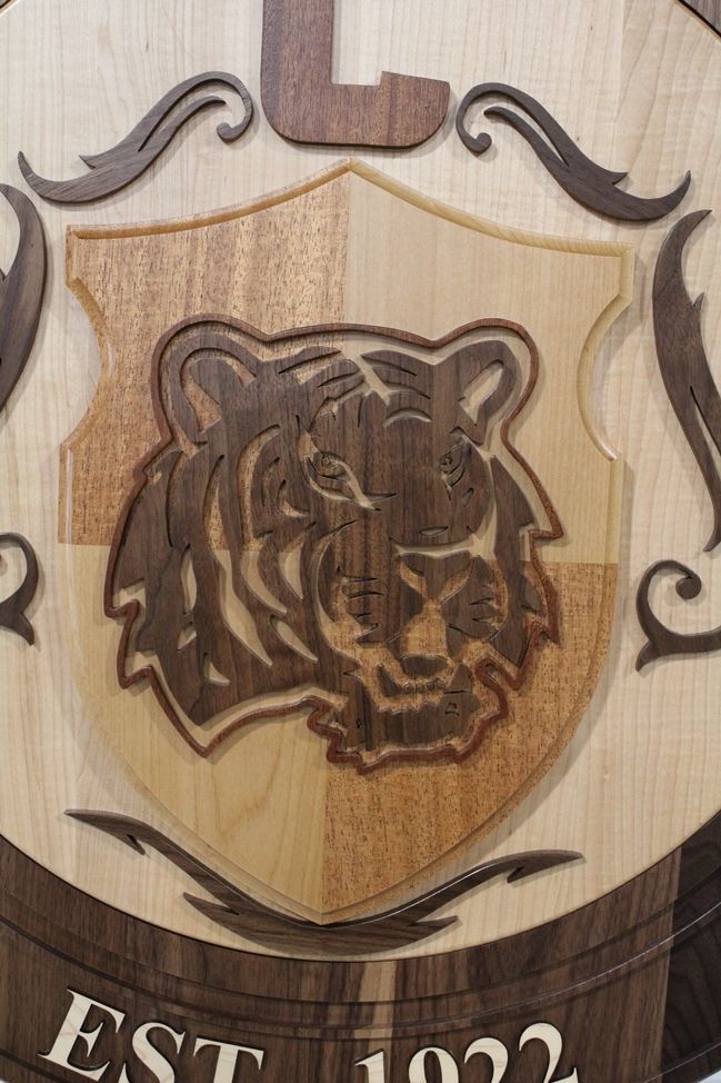 TP-1093- Carved 2.5-D Multi-Level Cedar Wood Plaque of the Seal of Claxton High School (Close-Up View)