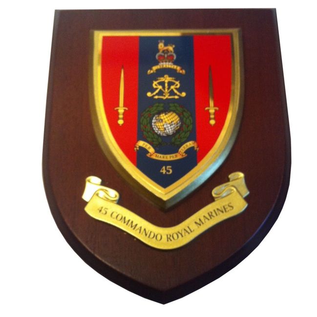 OP-1220- Carved Shield Plaque,45 Commando Royal Marines, Artist Painted Wood with Gold Gilding