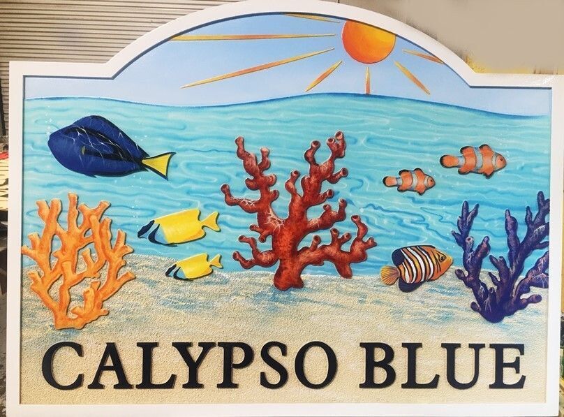 L21537 - Custom Seashore Home Sign, "Calypso Blue” , features an Artist-Painted  Undersea Scene of Corals and Fish.