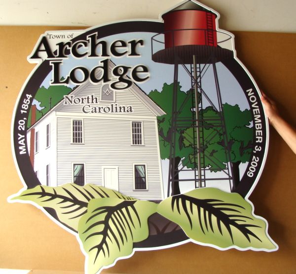 T29044 - Carved 2.5-D HDU Entrance Sign for Archer Lodge, with Digitally Printed Vinyl Painting of a Scene 