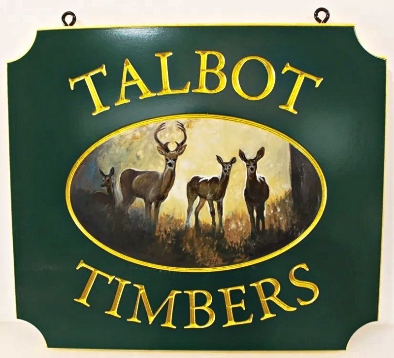 M22609 - Carved and Engraved Property Sign for "Talbot Timbers" with Deer Artwork