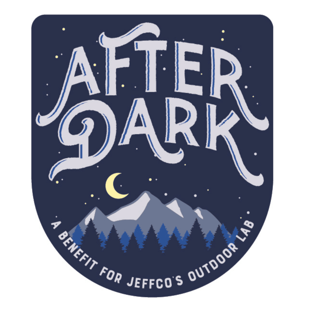 Graphic with a navy blue background and mountain range. Text reads After Dark: A Benefit for Jeffco's Outdoor Lab