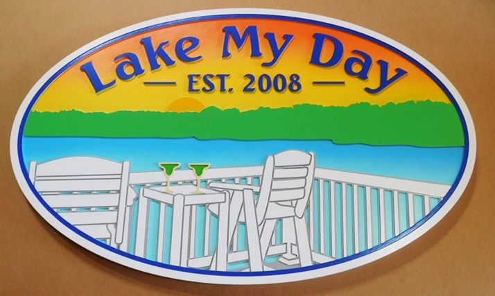 M22436 - Carved "Lake My Day" Lake House Sign, with Sunset and Chairs on a Deck facing a Lake.