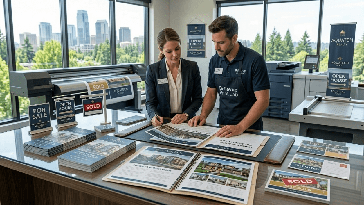 Best printing services in Bellevue WA showing professional print shop with business marketing materials and premium printing solutions