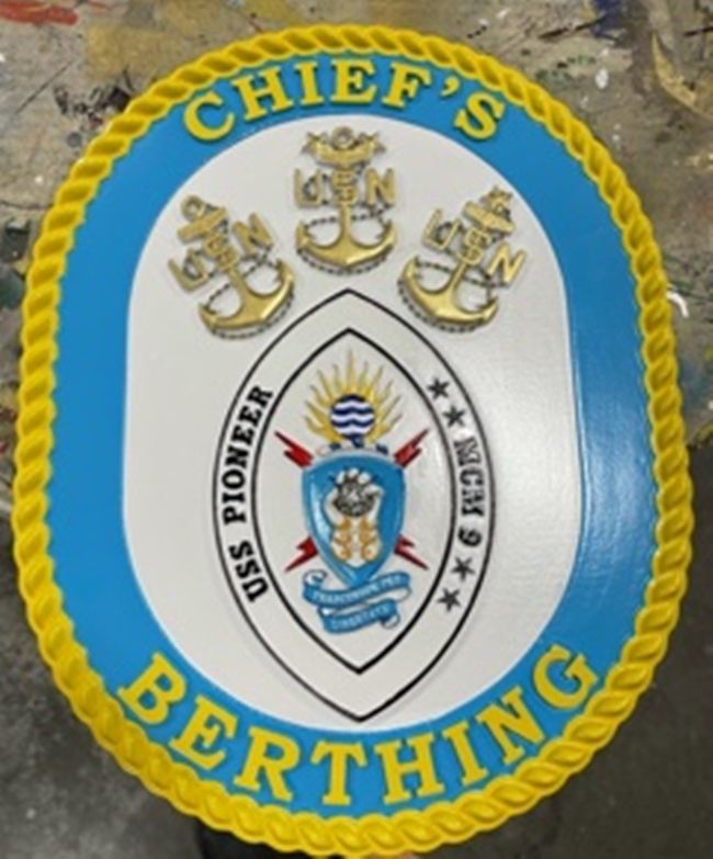 JP-1312 - Carved 3-D Bas-Relief Artist-Painted HDU Chief's Berthing Plaque with the Crest of the Navy Ship USS Pioneer, Minesweeper MCM 9