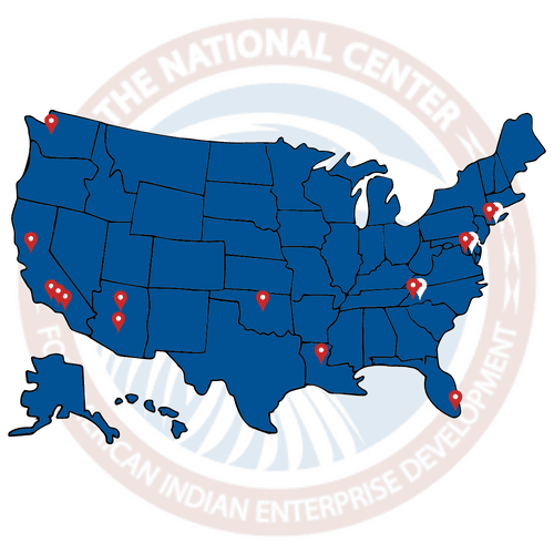 National Center for American Indian Enterprise Development (NCAIED) Seal behind a US Locations Map