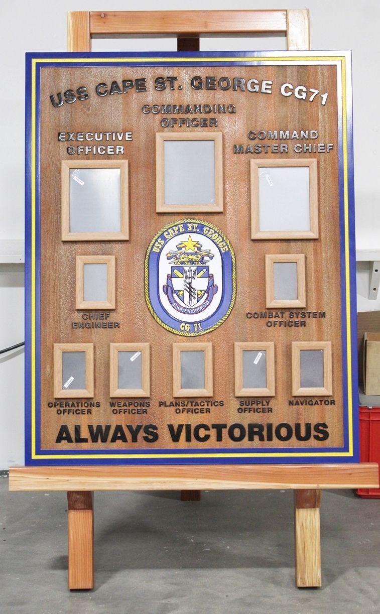 SA1122 - Large Mahogany Chain-of-Command  Photo Board for the  USS Cape St. George, Shown Mounted on Display Easel