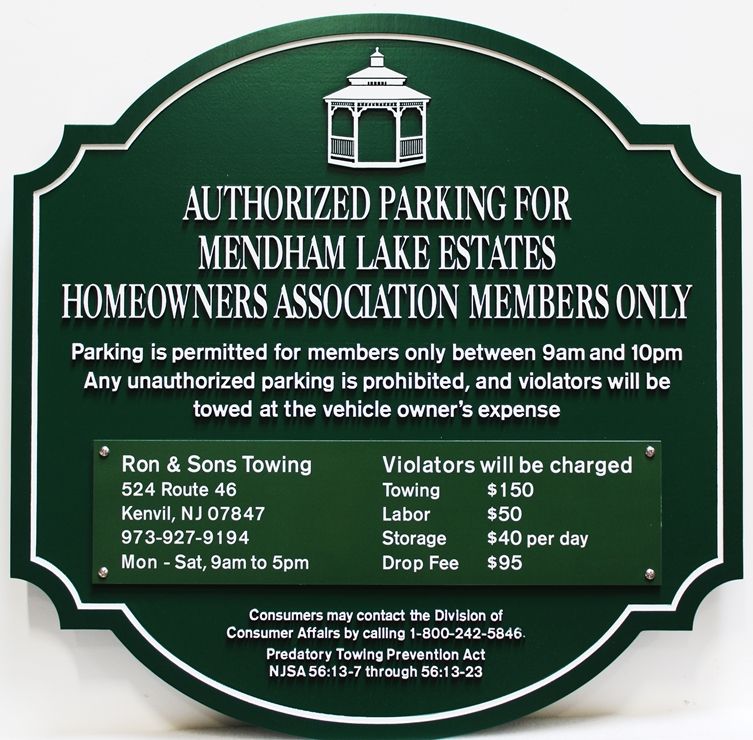 KA20726 - Engraved  "Authorized Parking " sign for Mendham Lake Estates" 