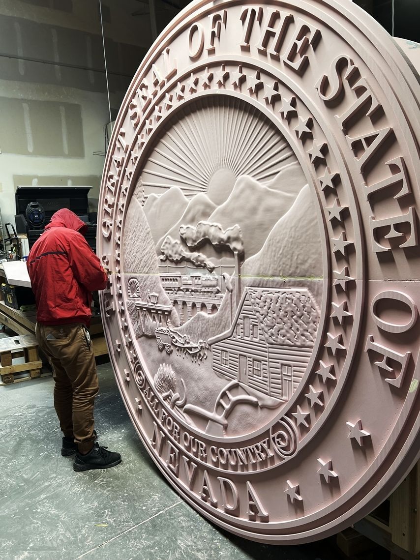 CP-1007 - Carved 3-D Bas-relief 10 foot diameter  Exterior  Wall Plaque of the Seal of the Chatham County, Georgia (before painting)